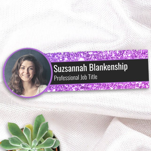 Professional Faux Purple Glitter Custom Photo  Name Tag (Creator Uploaded)