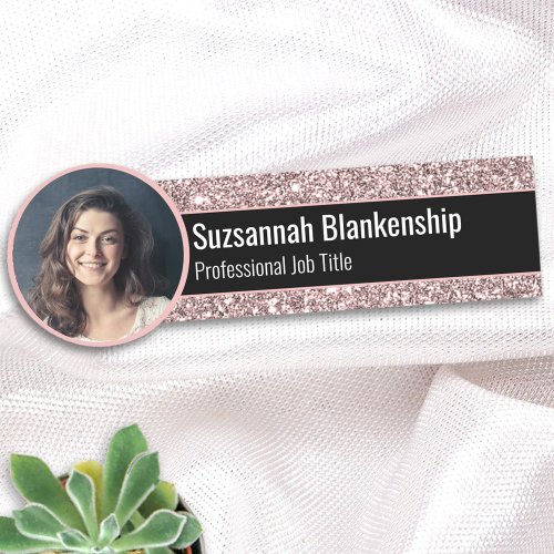 Professional Faux Rose Gold Glitter Custom Photo Name Tag