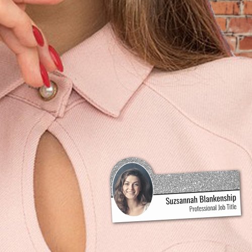 Professional Faux Silver Glitter Custom Photo Name Tag