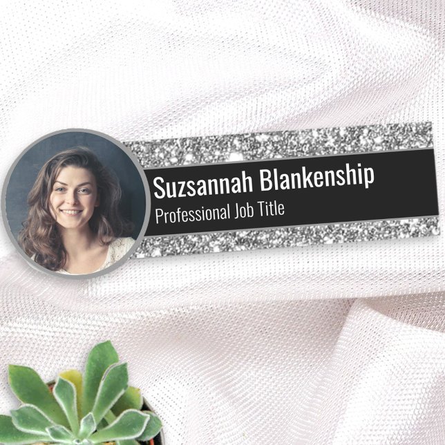 Professional Faux Silver Glitter Custom Photo Name Tag (Creator Uploaded)