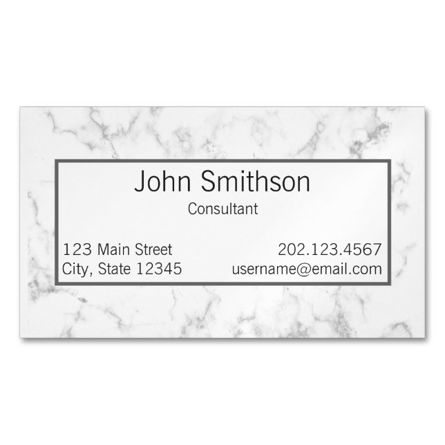 Professional Faux White Marble Black Text Template Business Card Magnet (Front)
