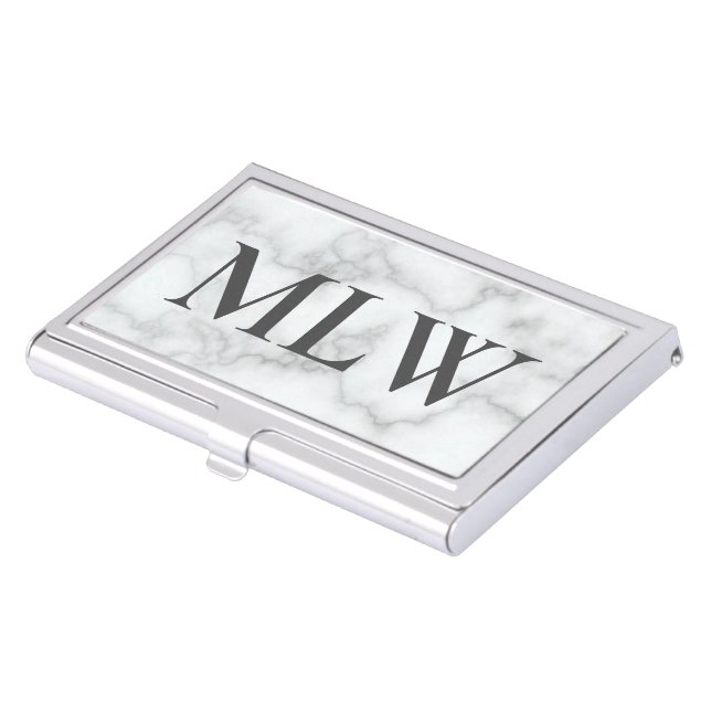Professional Faux White Marble Gray Monogram  Business Card Case (Front)