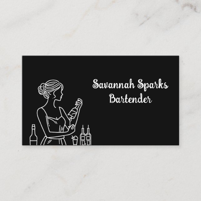 Professional Female Bartender Black and White Business Card (Front)