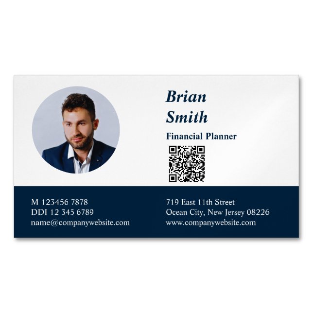 Professional Financial Planner QR Code Blue Business Card Magnet (Front)
