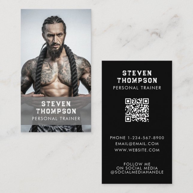 Professional Fitness Coach QR Code Social Media  Business Card (Front/Back)