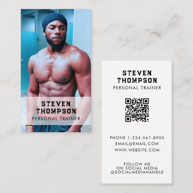 Professional Fitness Coach QR Code Social Media  Business Card (Front/Back)