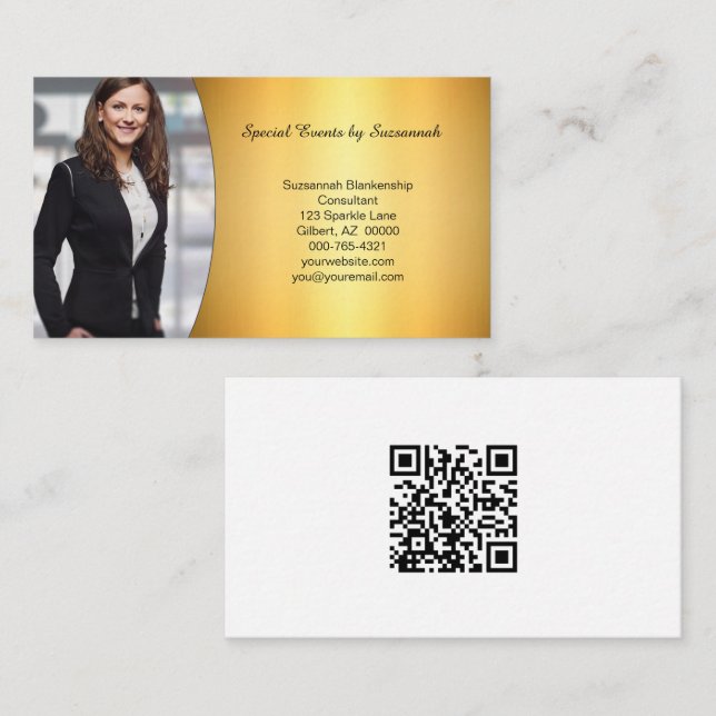 Professional Flaired Gold Custom Photo QR Code Business Card (Front/Back)