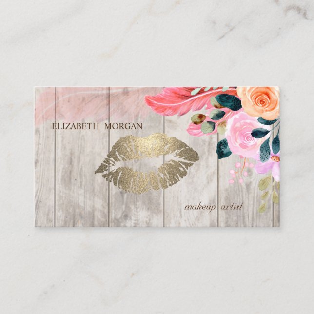 Professional Floral Feather ,Lips,Wood Texture Business Card (Front)