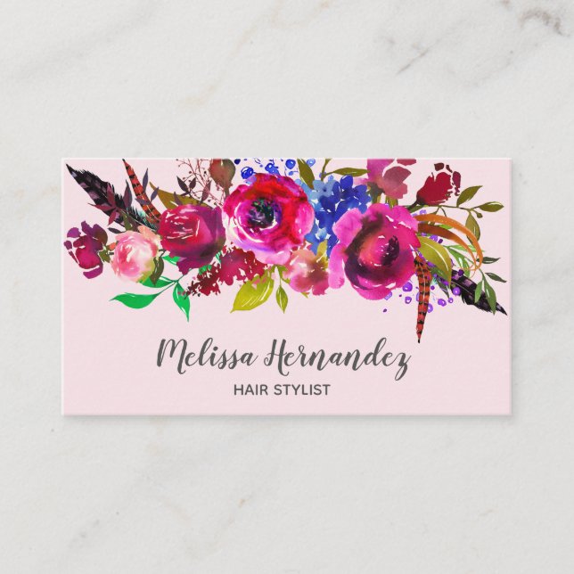 Professional Floral Hair Stylist Burgundy Pink Business Card (Front)