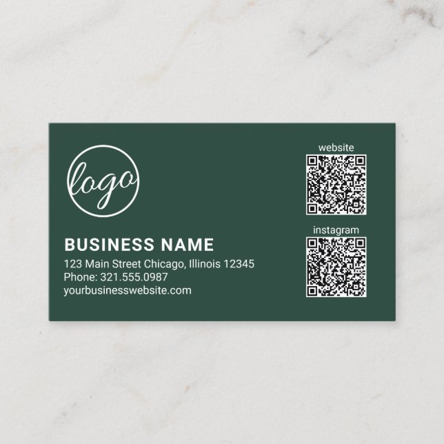 Professional Forest Green Logo QR Code Modern Business Card (Front)