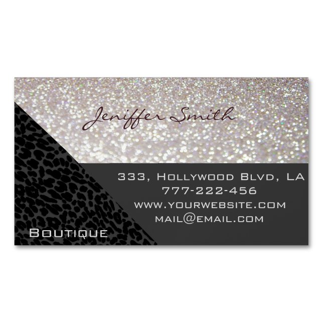 Professional glamorous elegant leopard glittery magnetic business card (Front)