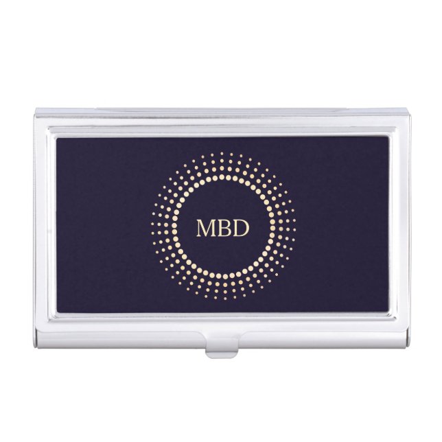 Professional Gold Circle Logo Navy Blue Monogram Business Card Case (Front)