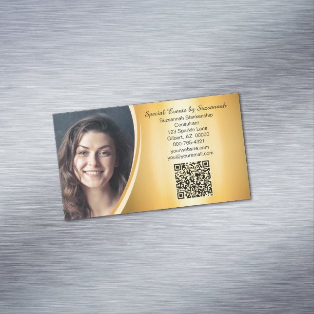 Professional Gold Flare Custom Photo QR Code Business Card Magnet (In Situ)
