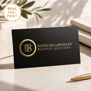 Professional Gold Foil Monogram Consultant Black Business Cards