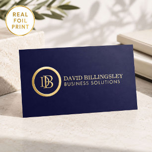 Professional Gold Foil Monogram Consultant Navy Business Cards