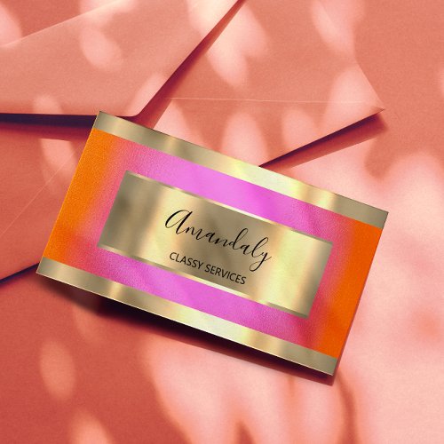 Professional Gold Framed Elegant Pink Orange Business Card