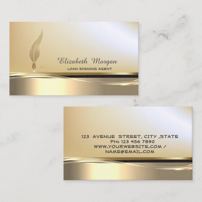 Professional Gold Glitter Feather Stripe Notary  Business Card (Front/Back)