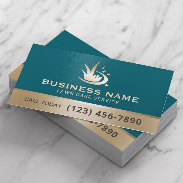 Professional Gold Lawn Care Logo Teal Landscaping Business Card (Creator Uploaded)