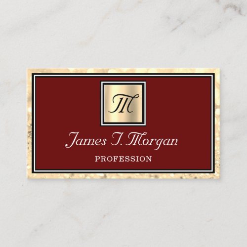 Professional Gold Maroon Glitter Frame Monogram Business Card