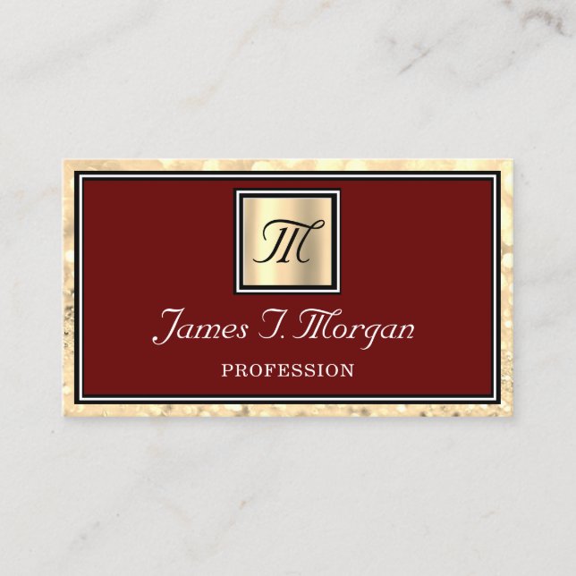 Professional Gold Maroon Glitter Frame Monogram Business Card (Front)