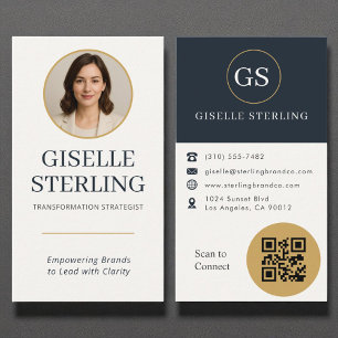 Professional Gold & Navy Photo QR Code Modern Business Card