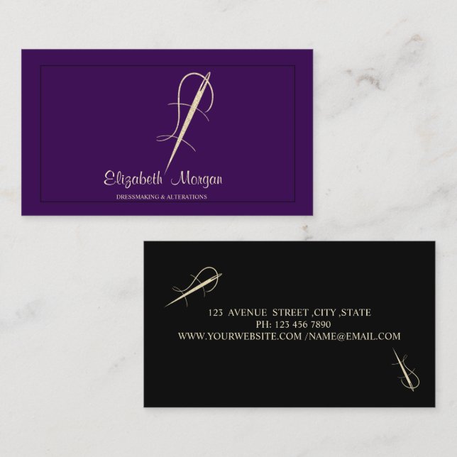  Professional,Gold Needle Sew Alterations Purple Business Card (Front/Back)