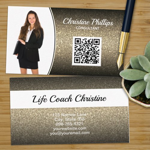 Professional Gold Ombre Glitter Custom Photo QR Business Card