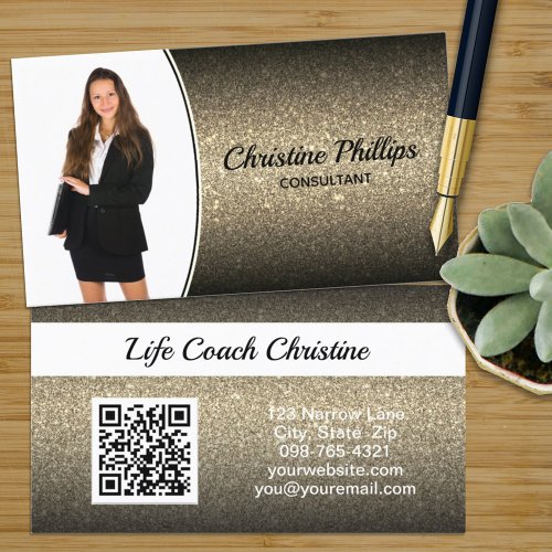 Professional Gold Ombre Glitter Custom Photo QR Business Card