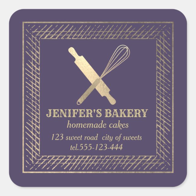 Professional gold rolling pin whisk chef bakery square sticker (Front)