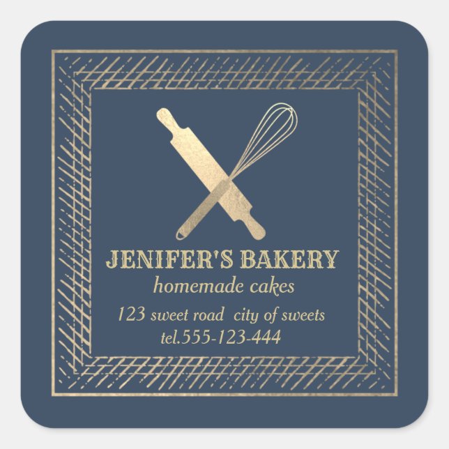 Professional gold rolling pin whisk chef bakery square sticker (Front)