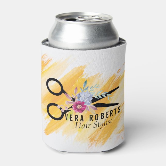 Professional Gold Scissor & Beauty Salon Floral Can Cooler (Can Front)