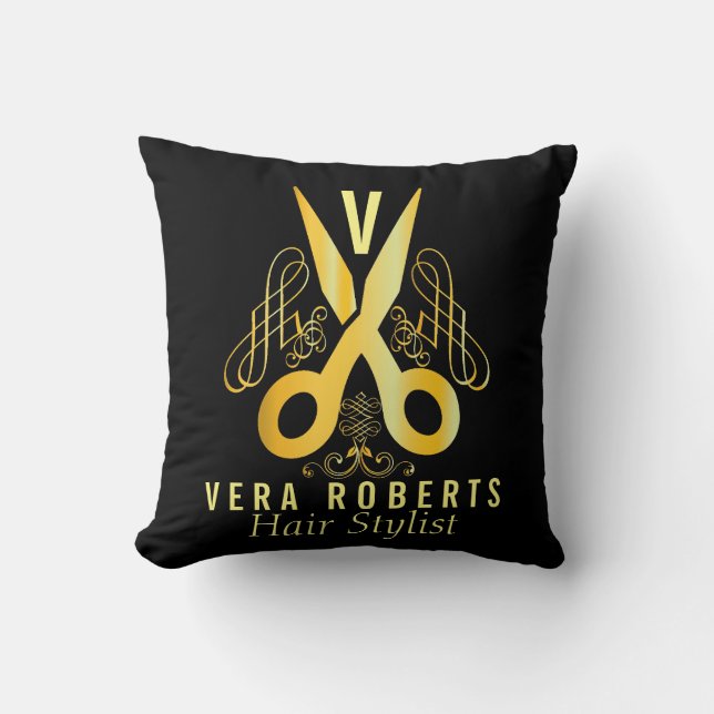 Professional Gold Scissor & Beauty Salon Throw Pillow (Front)