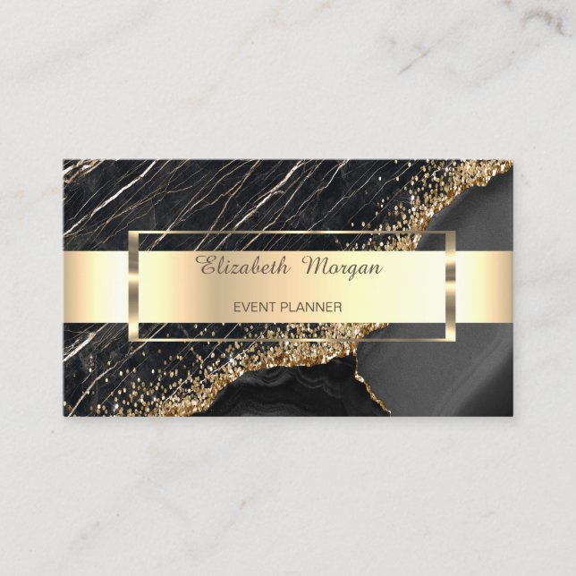 Professional Gold Stripe Black Marble Sequins Business Card (Front)