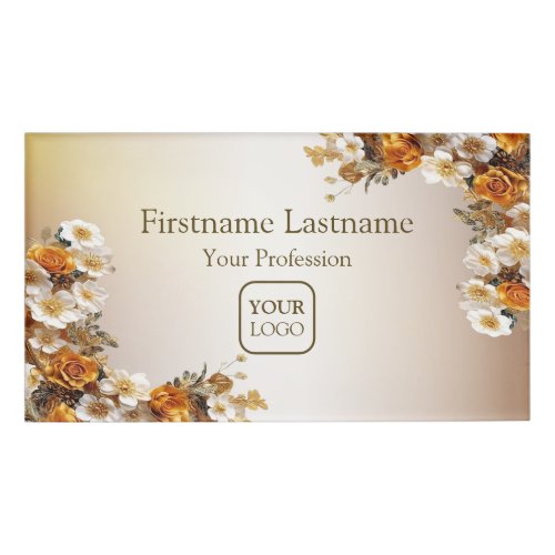 Professional Golden Orange White Flowers Rustic Name Tag