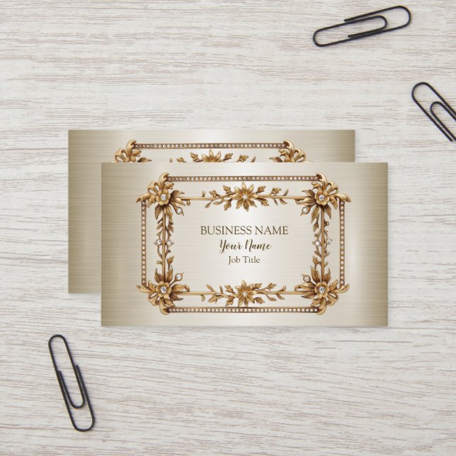 Professional Golden Ornate Rectangle Dimond Floral Business Card (Front/Back In Situ)