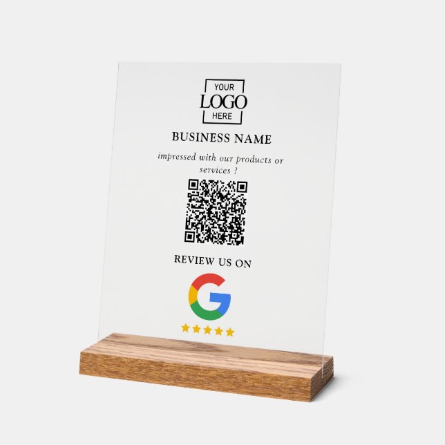 Professional Google Reviews QR Code Business Logo Acrylic Sign (Angle)