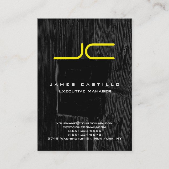 Professional Gray Black Wood Yellow Monogram Business Card (Front)