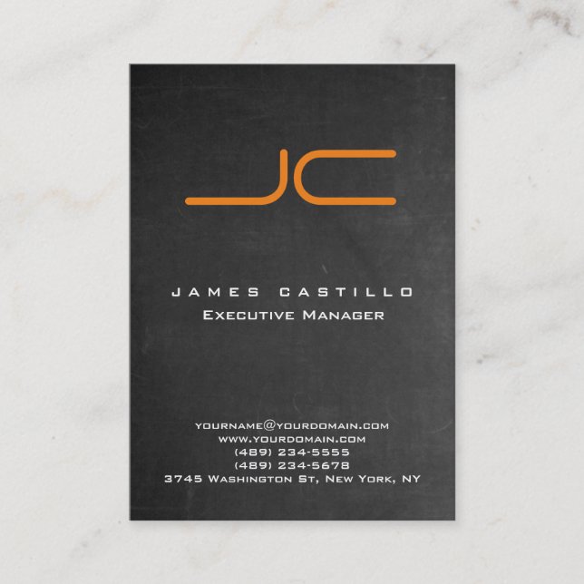 Professional Gray Chalkboard Orange Monogram Business Card (Front)