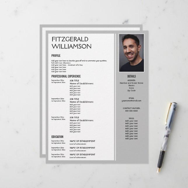 Professional Gray Custom Photo RESUME  Letterhead (Front/Back In Situ)