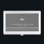 Professional Gray & White Monogram Medallion Business Card Case<br><div class="desc">Professional business card holder features simple gray and white design with a stylized monogram medallion in black and white with modern typography, with custom name and title or role in a coordinating white typography on a gray background with two complimentary white stripes to balance the overall design. Shown with personalized...</div>