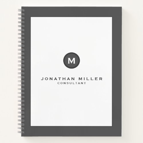 Professional Gray  White Monogram Name  Title Notebook
