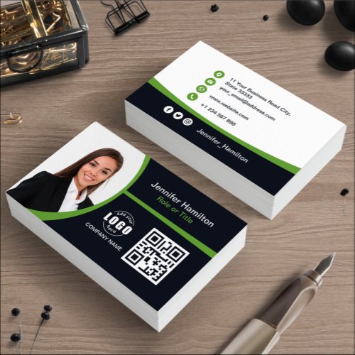 Professional Green add your Logo QR Code Photo  Business Card