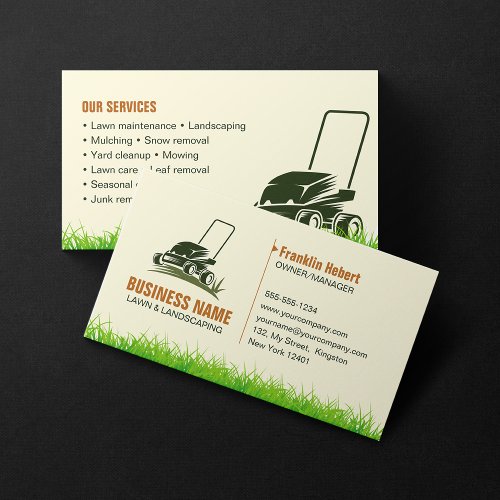 Professional Green Biege Lawncare Landscaping Mow Business Card