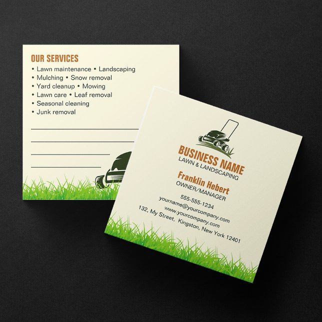 Professional Green Biege Lawncare Landscaping Mow Square Business Card (Creator Uploaded)