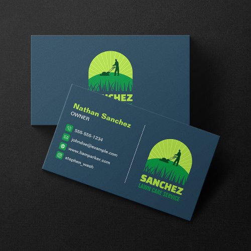 Professional Green Blue Lawn Care Gardening Mowing Business Card