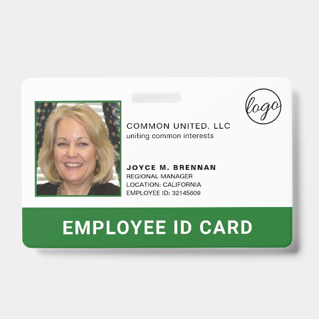 Professional Green Company Logo Employee Photo ID Badge (Front)