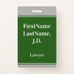 [ Thumbnail: Professional, Green, Custom Lawyer Name Badge ]