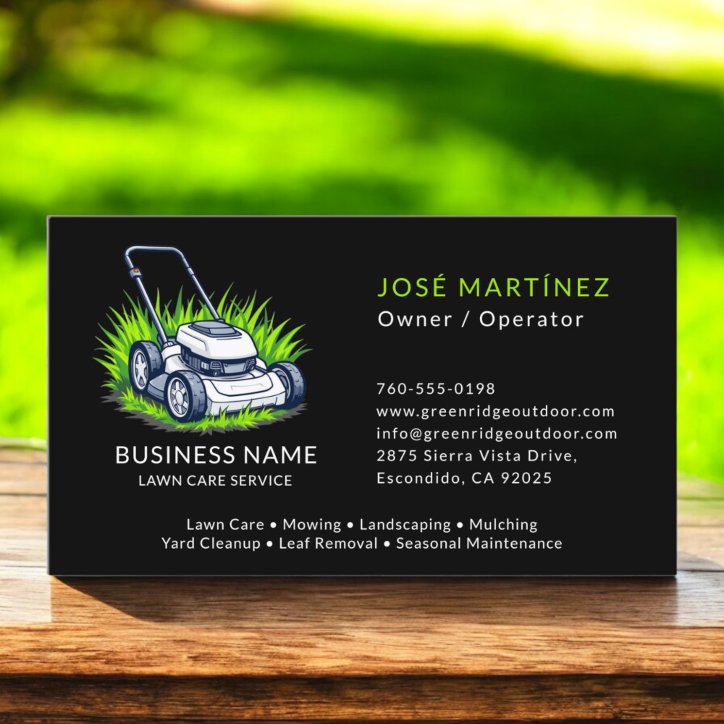 Professional Green Lawn Care Service Black Business Card