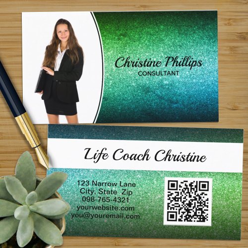 Professional Green Ombre Glitter Custom Photo QR Business Card