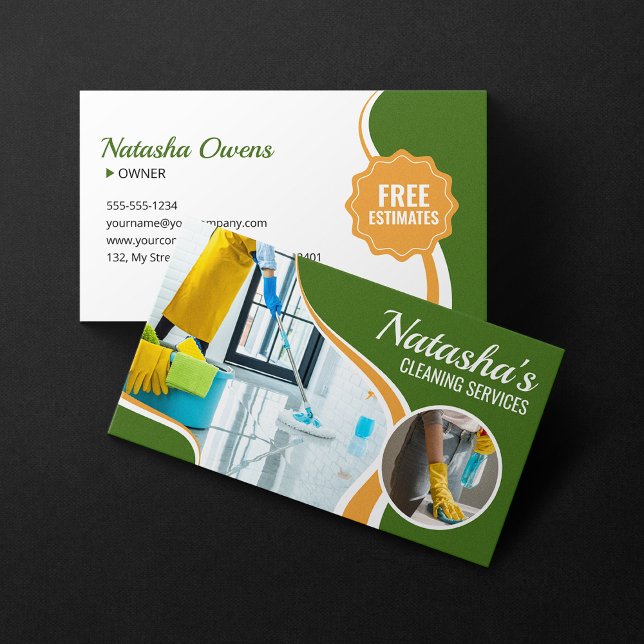 Professional Green & Orange Cleaning Services Maid Business Card (Creator Uploaded)